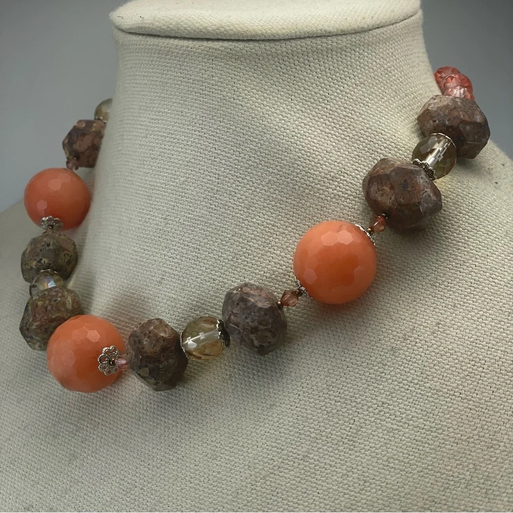 Chunky Stone and Glass Beaded Statement Necklace Unique Made in USA